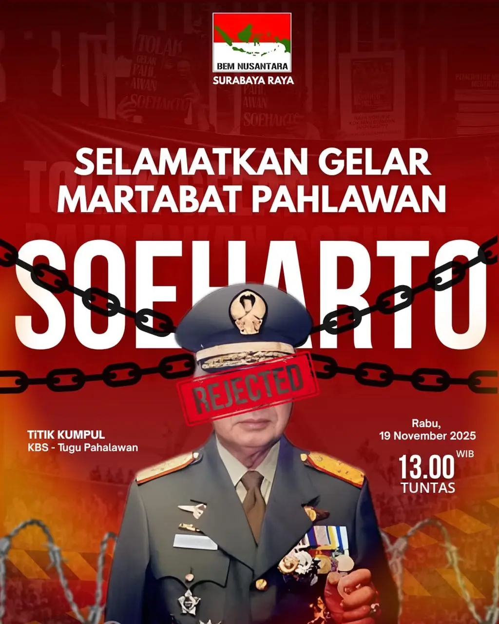 Mahasiswa Surabaya Hadang Gelar Pahlawan untuk Soeharto, Sebut Pembangunan Infrastruktur Tidak Setimpal dengan Dosa yang Diperbuat